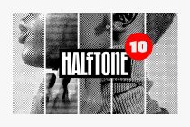 10 halftone texture patterns with dots, lines, cross-hatching in black, white with red circle badge
