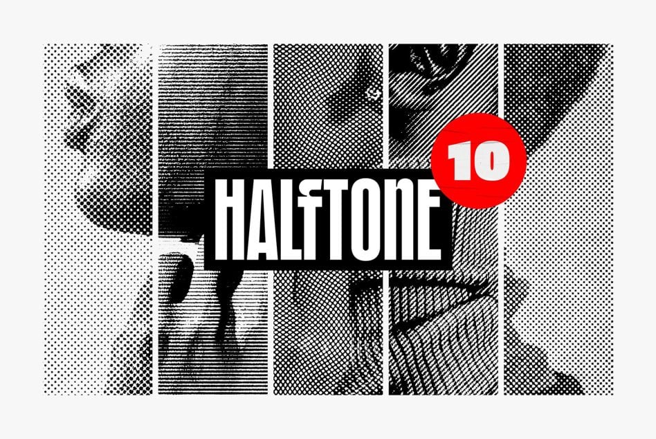 10 halftone texture patterns with dots, lines, cross-hatching in black, white with red circle badge