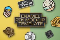 Enamel pin mockup template with gold lettering surrounded by colorful pin designs on split yellow green background