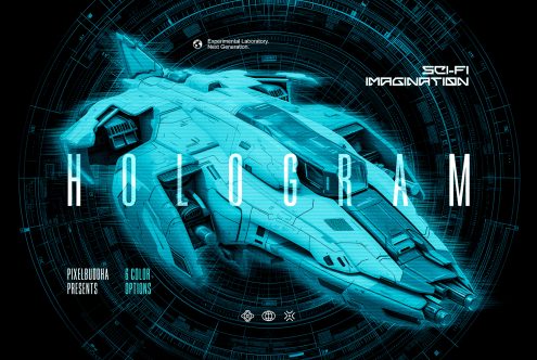 Sci-fi spaceship hologram graphic with futuristic blueprint design by PixelBuddha. Great for digital artists, designers, sci-fi mockups, 6 color options.