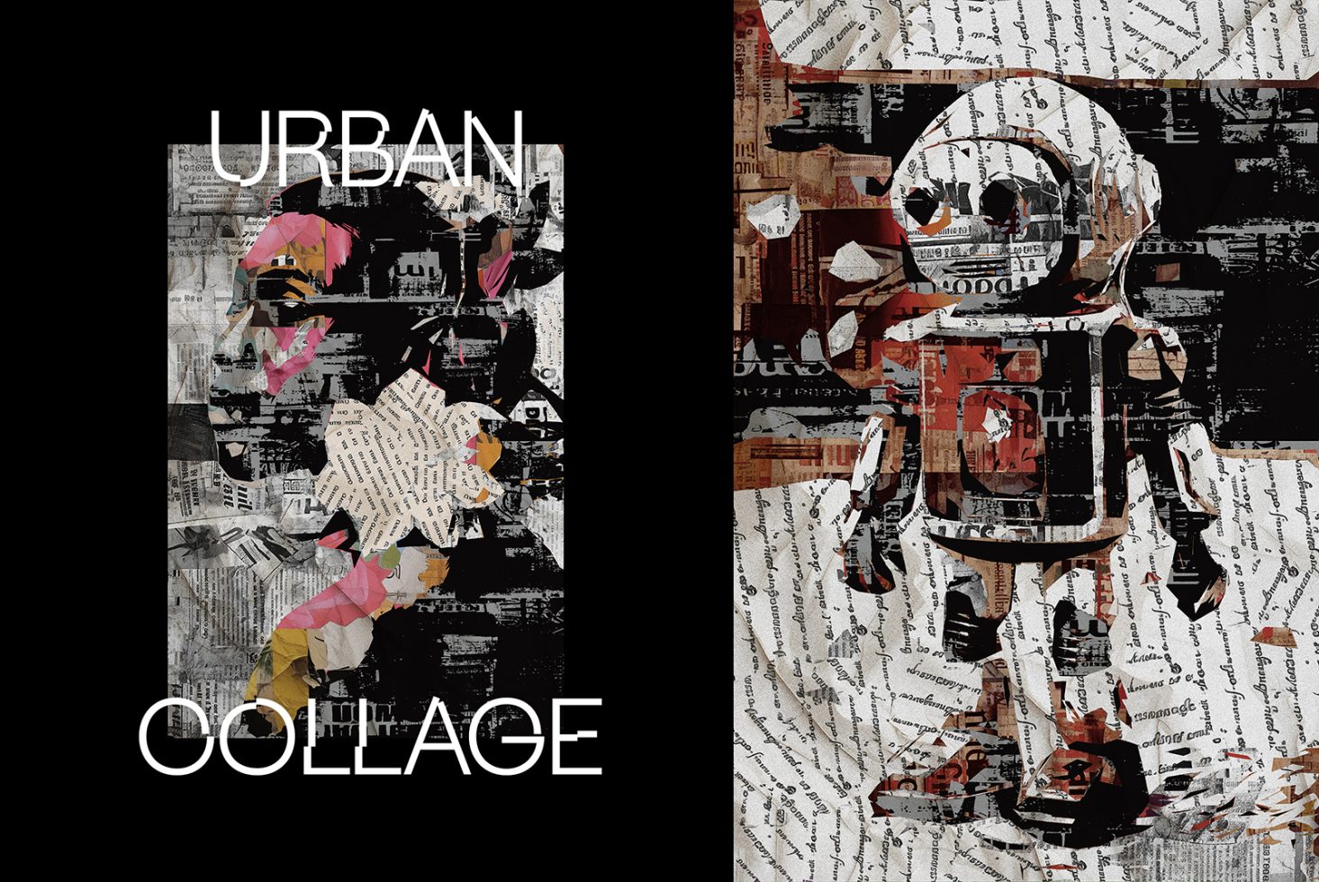 Urban Collage artwork featuring abstract human face and robot composed of newspaper clippings. Ideal for designers. Categories: Graphics, Templates