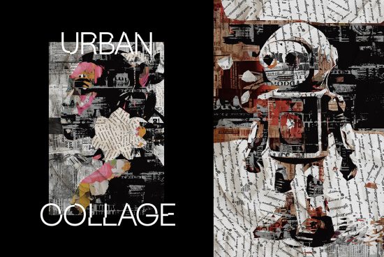 Urban Collage artwork featuring abstract human face and robot composed of newspaper clippings. Ideal for designers. Categories: Graphics, Templates