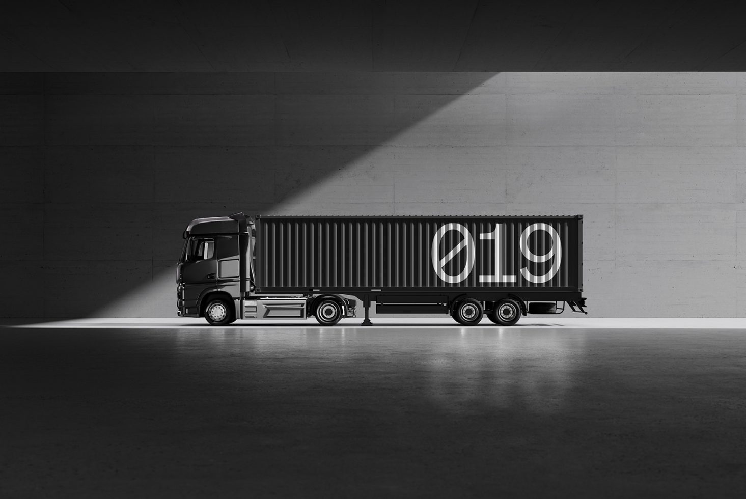 Black truck mockup in minimalistic concrete environment with bold 019 number on container side suitable for design presentation and digital assets marketplace.