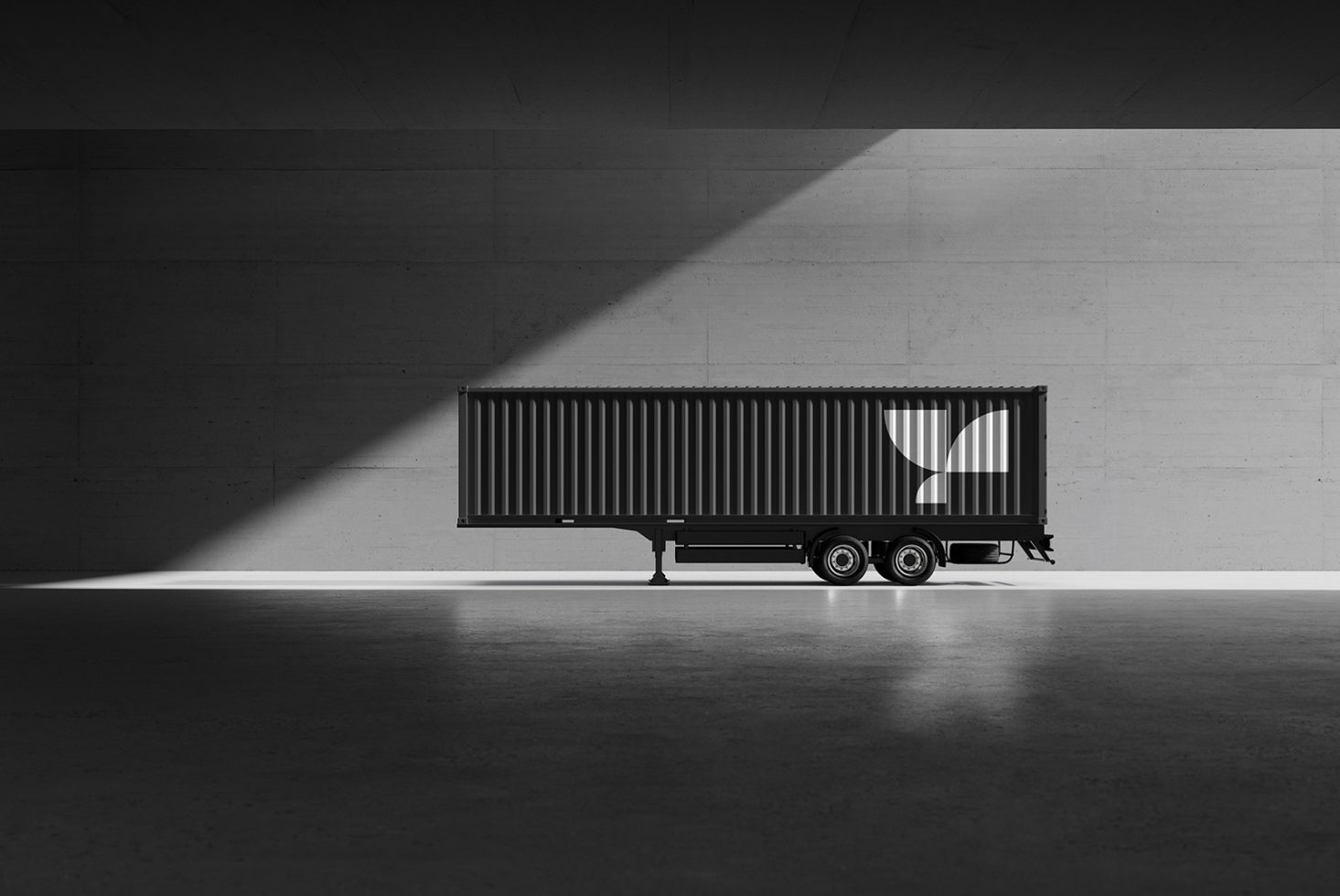 Black container truck mockup in minimalist industrial setting, perfect for branding presentations. Ideal for designers. Keywords mockup design template.