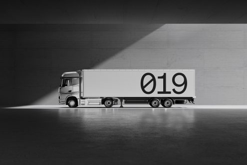 Minimalist truck mockup featuring a clean design with bold numbers 019, ideal for branding projects, marketing materials, graphic design templates.