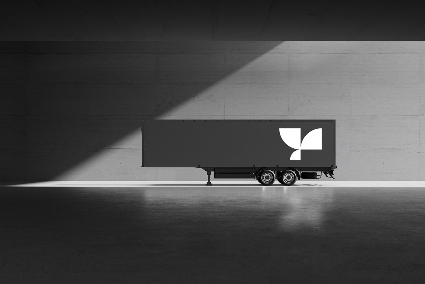 Minimalist truck trailer mockup with abstract logo parked in a modern industrial setting ideal for designers creating realistic transportation visuals.