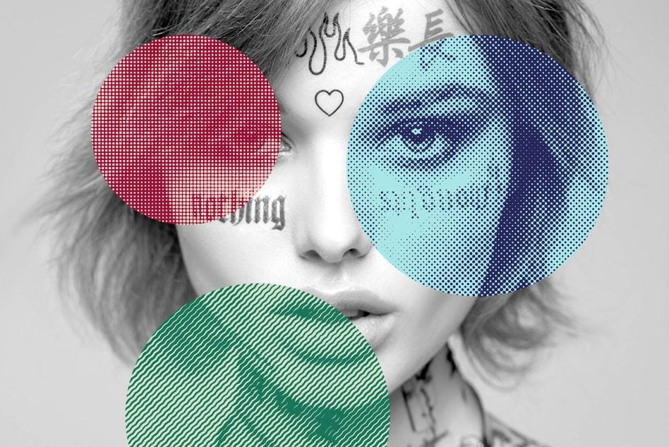 Grayscale portrait with red halftone, blue gradient, plus green striped circles covering eyes mouth