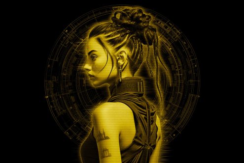 Futuristic digital art image featuring a woman with an intricate hairstyle against a sci-fi background. Ideal for graphic design projects and digital assets.