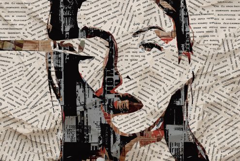 Collage art with newspaper clippings forming a female face. Perfect for designers looking for unique graphics, digital art, or collage mockups for creative projects.