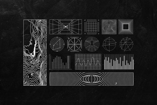 Abstract vector shapes and geometric designs on a black background, perfect for digital asset libraries for designers. Keywords: Graphics, Templates, Designers