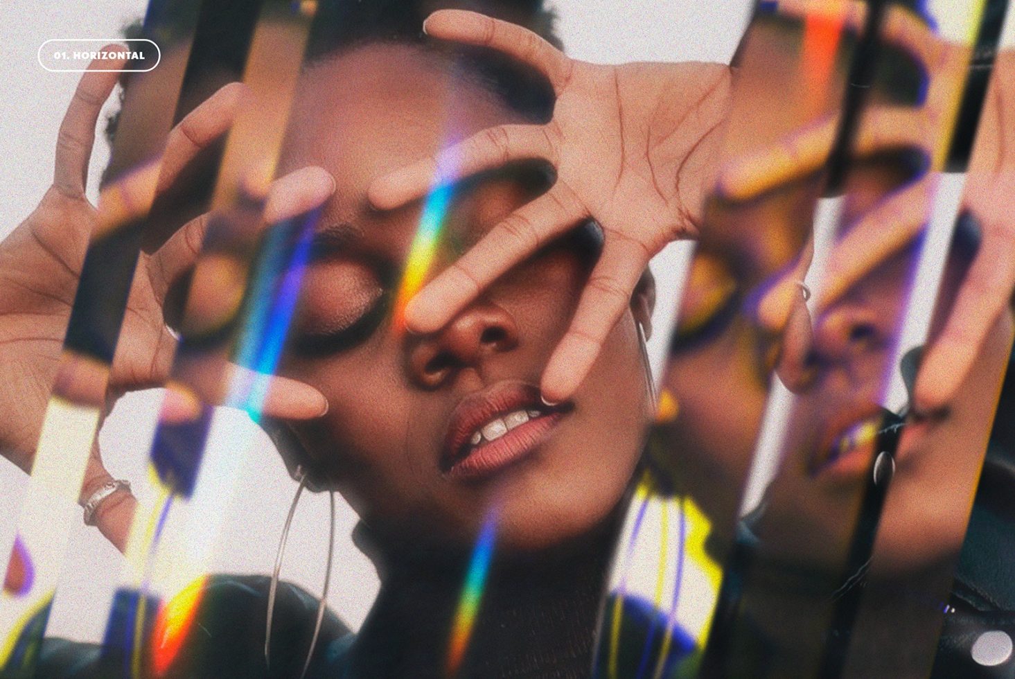 Abstract portrait with prism effects around a face and hands, capturing a dreamy aesthetic. Perfect for creative project graphics, design templates, and art mockups.