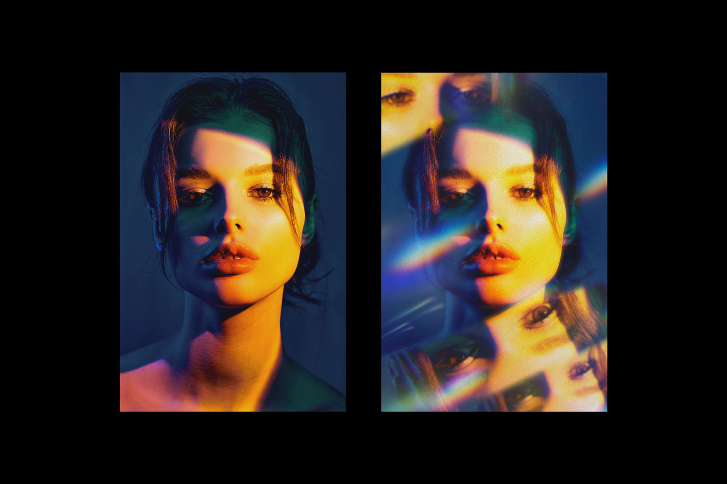 Colorful portrait photo with reflection effect showcasing a woman's face in vibrant lighting. Ideal for graphics designers. Creative photography, visual effects.