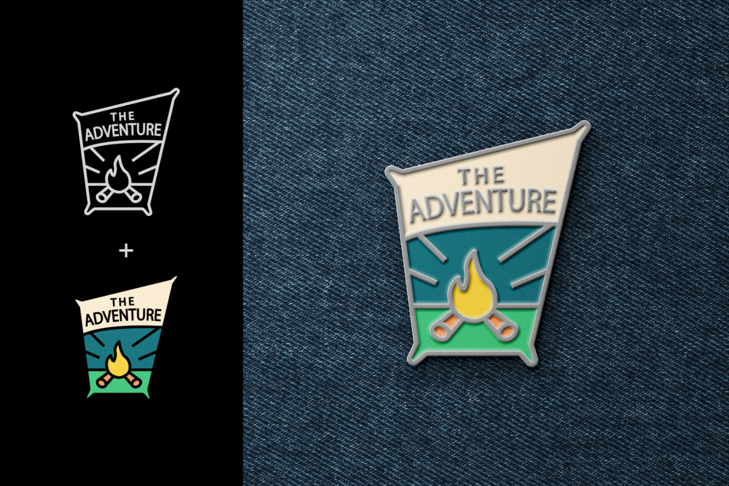 Adventure patch logo template featuring campfire illustration on denim background, ideal for creating outdoor-themed branding mockups and graphics.