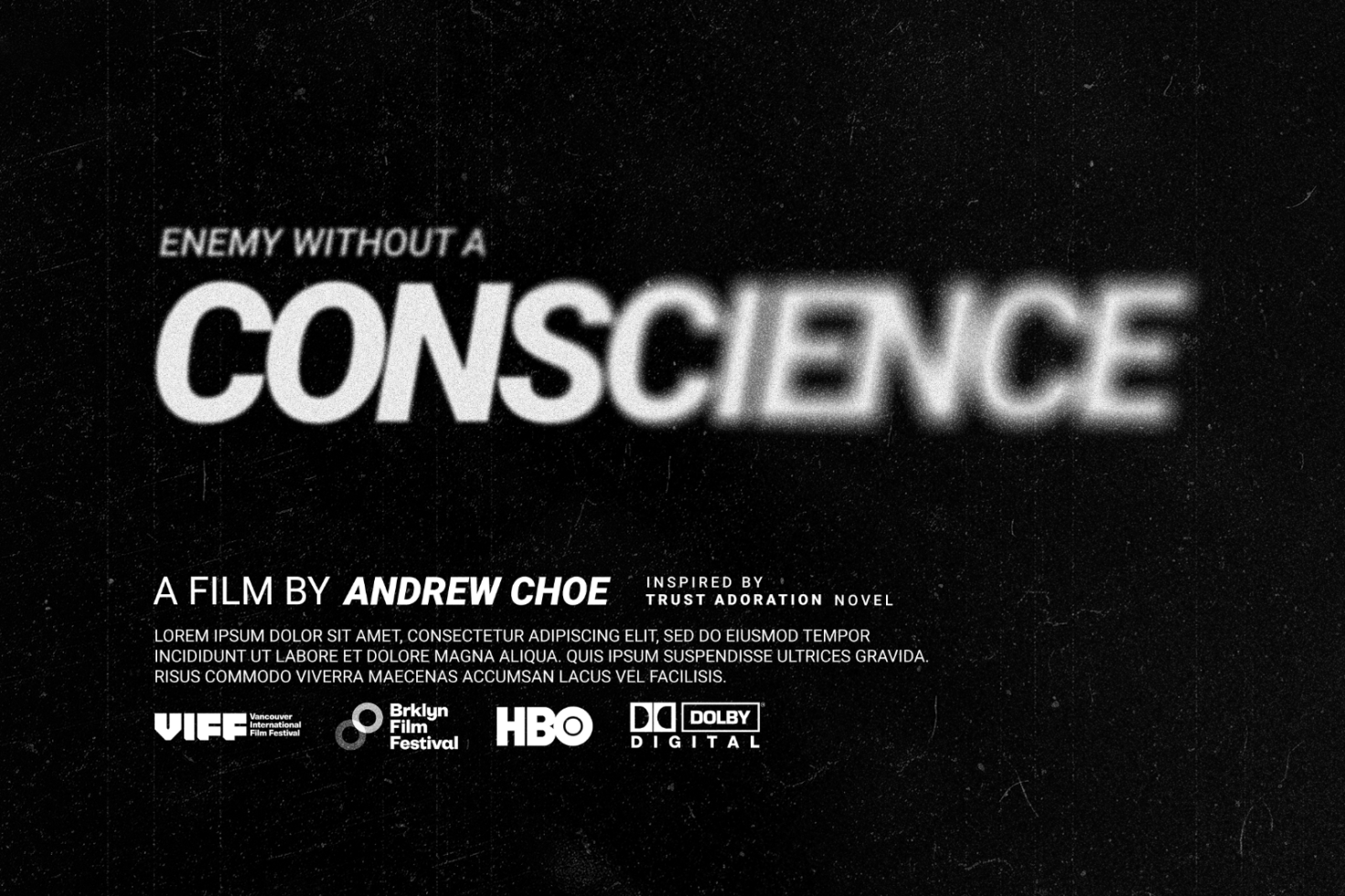 Movie poster mockup for thriller film featuring a bold, blurred title Enemy Without a Conscience by Andrew Choe includes film festival logos and credits.