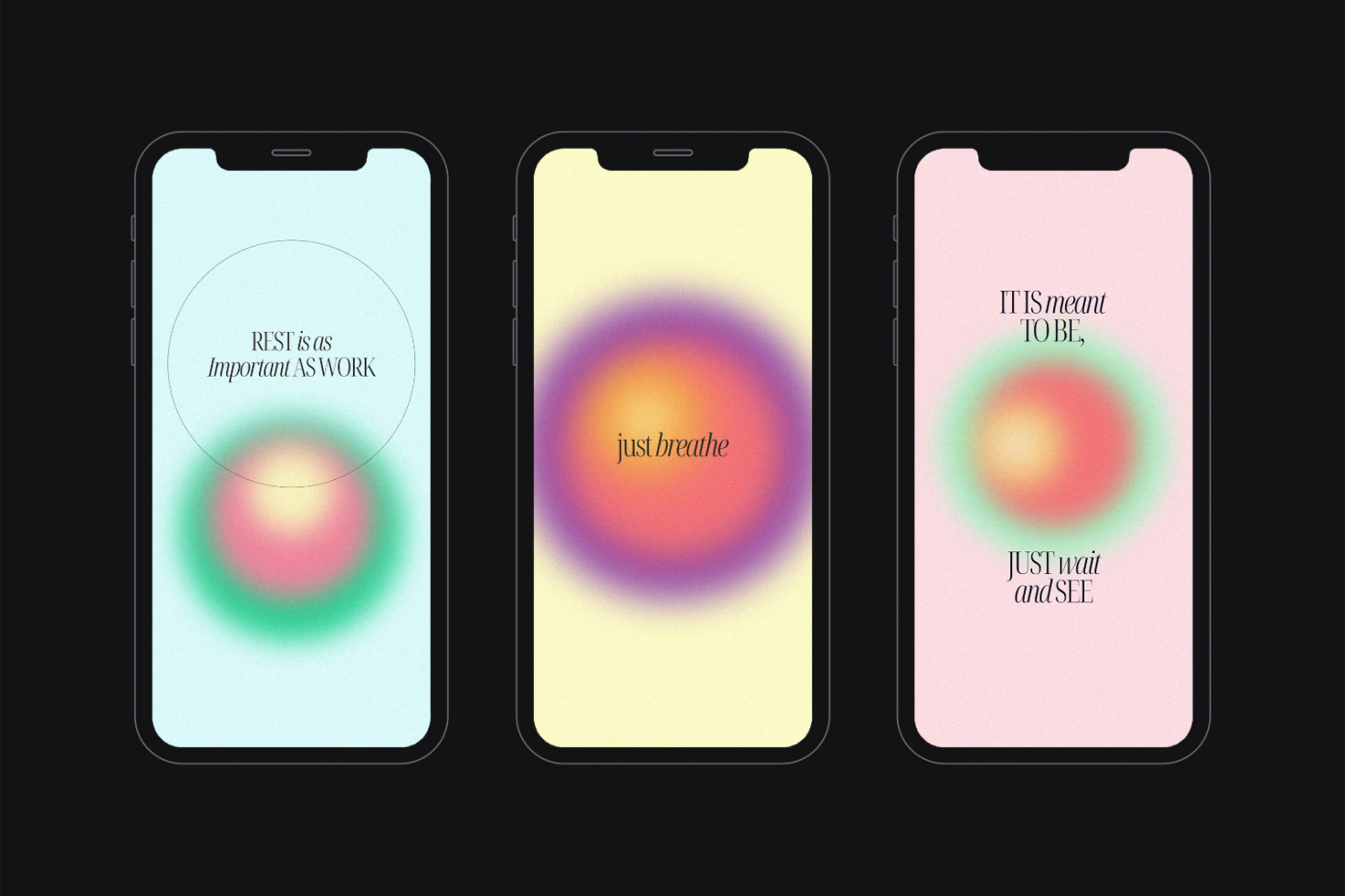 Three smartphone screens with gradient backgrounds and motivational quotes; digital assets for designers. Keywords: mockups, design, templates, graphics, mobile.