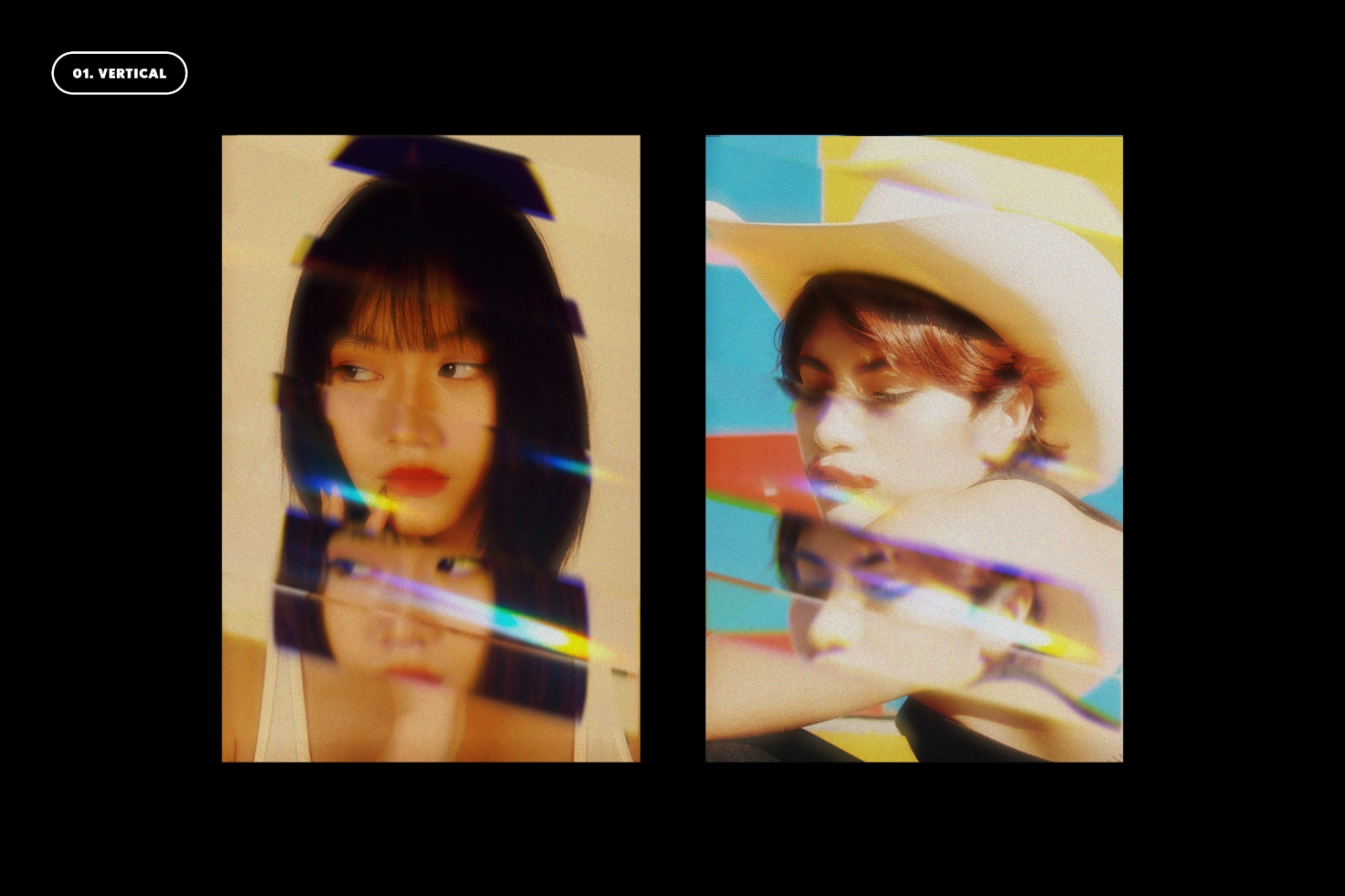 Double exposure portraits of a female wearing a white shirt and a male wearing a white hat, with colorful light streaks. Suitable for mockups and templates.