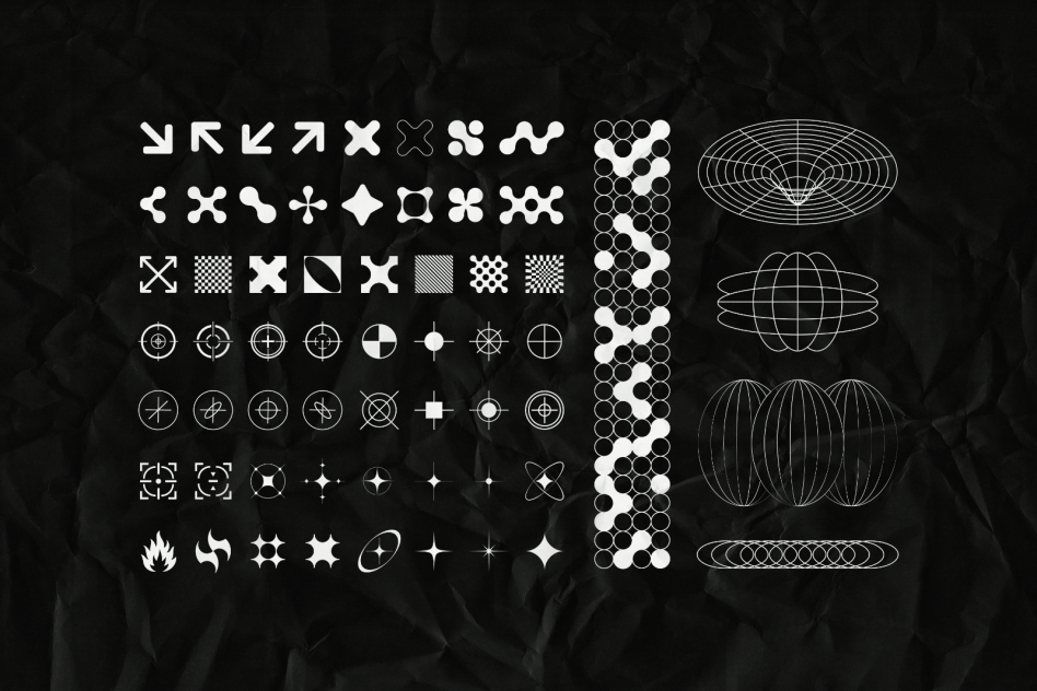 Abstract graphic elements, icons, and geometric patterns for digital design. Ideal for mockups, templates, and graphics. Black crumpled paper background.