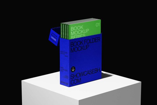 Book folder mockup featuring colorful covers, standing on a white pedestal, perfect for graphic designers, templates, and mockups. Bright blue and green colors.