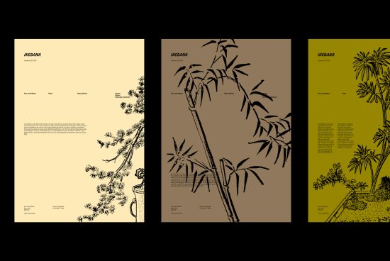 Three minimalist botanical-themed templates with illustrated floral motifs in beige, brown, and green for text and design projects. Categories: Graphics, Templates.