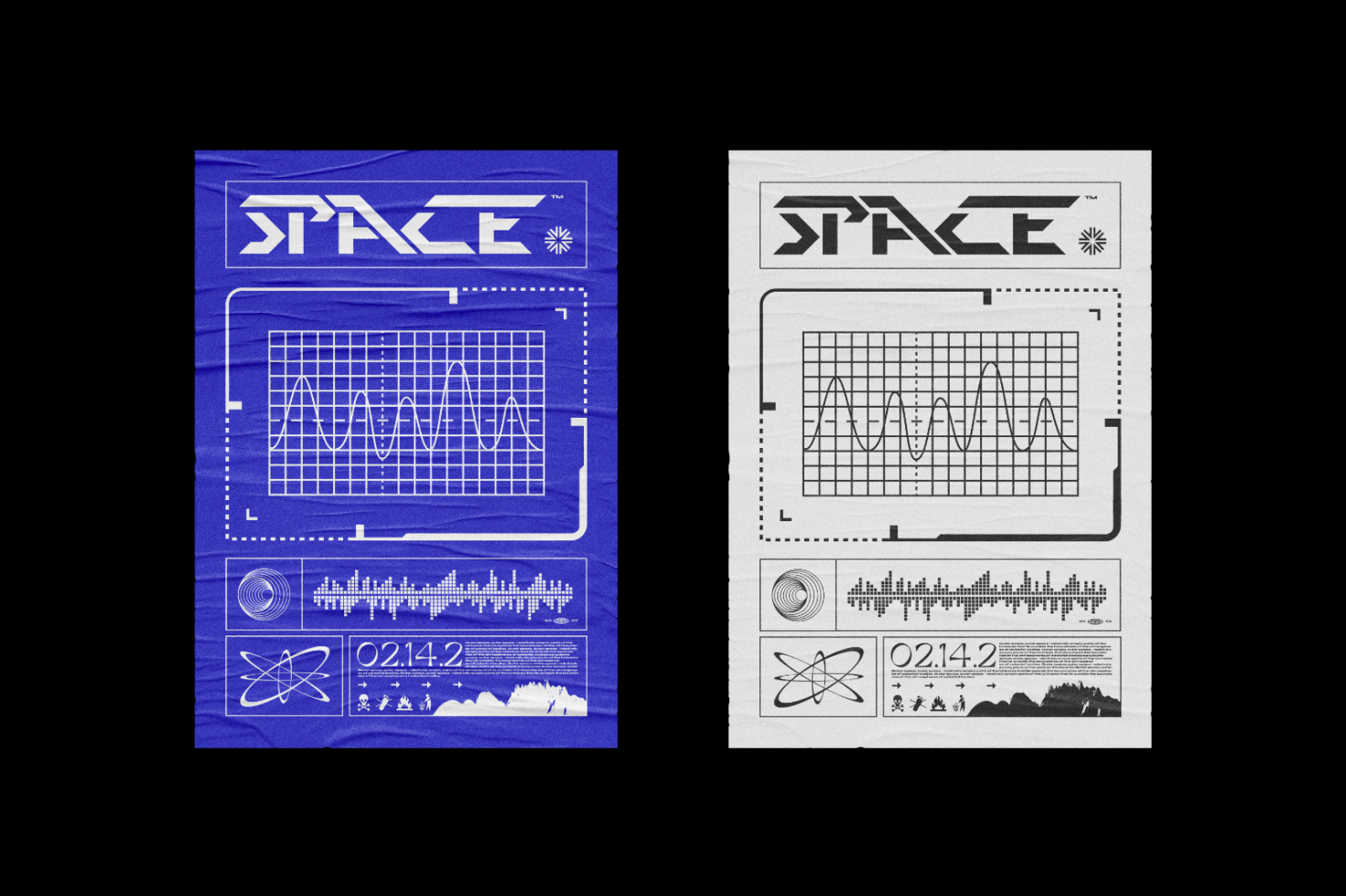 Set of two sci-fi posters with space theme for graphic design templates. Includes waveform graphs, abstract elements, and tech-style typography in blue and white.
