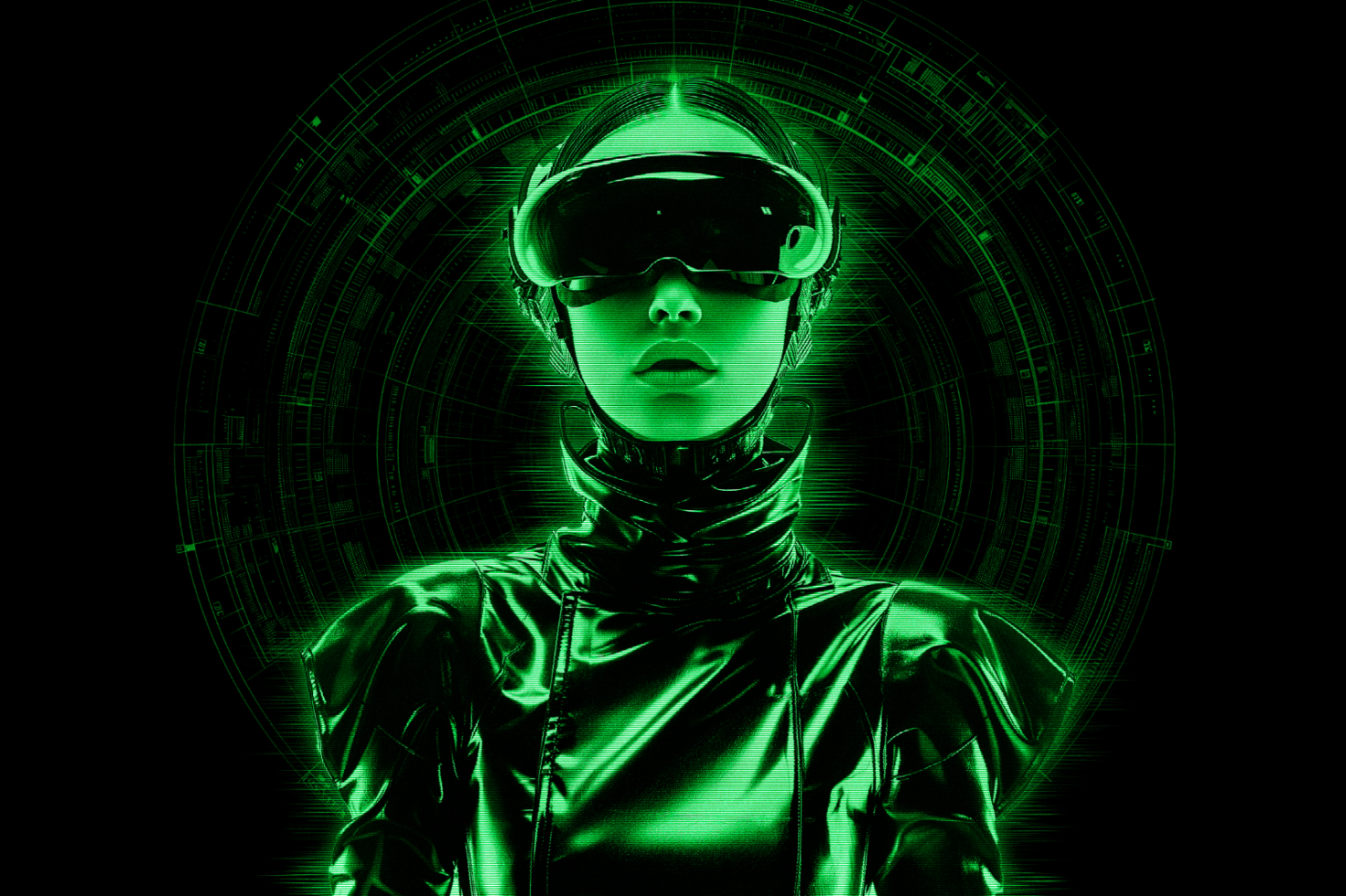 Futuristic woman in neon green cyberpunk attire and VR headset with tech background. Ideal for sci-fi graphics, digital designs, technology templates.