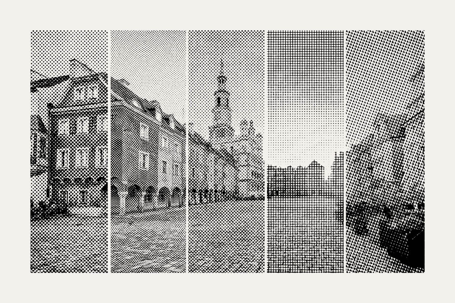 Black and white halftone graphic of a cityscape divided into five sections with varying dot sizes. Perfect for designers seeking unique graphics or templates.