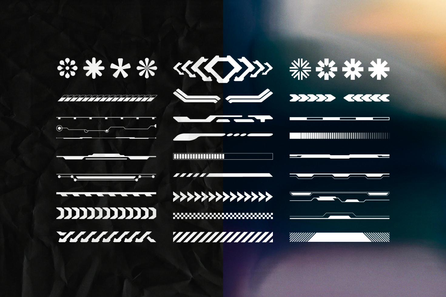 Digital graphic design elements in white, featuring various patterns and shapes on a textured black and blurry gradient background. Suitable for templates.