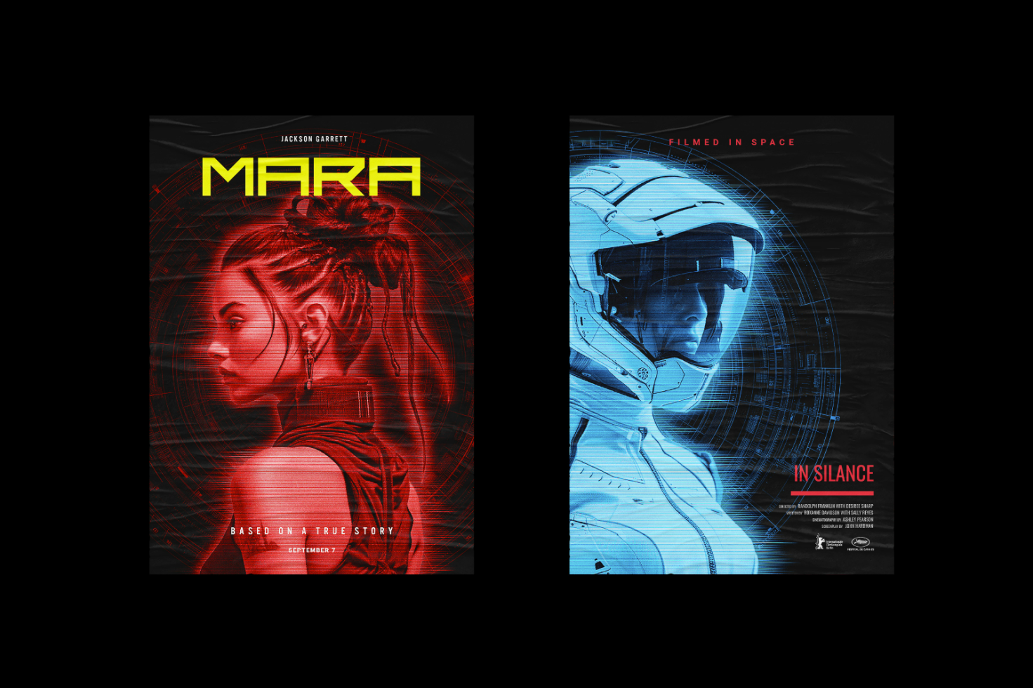 Sci-fi movie poster mockups featuring neon colors, futuristic typography, and space-themed visuals. Ideal for designers creating graphic templates and marketing materials