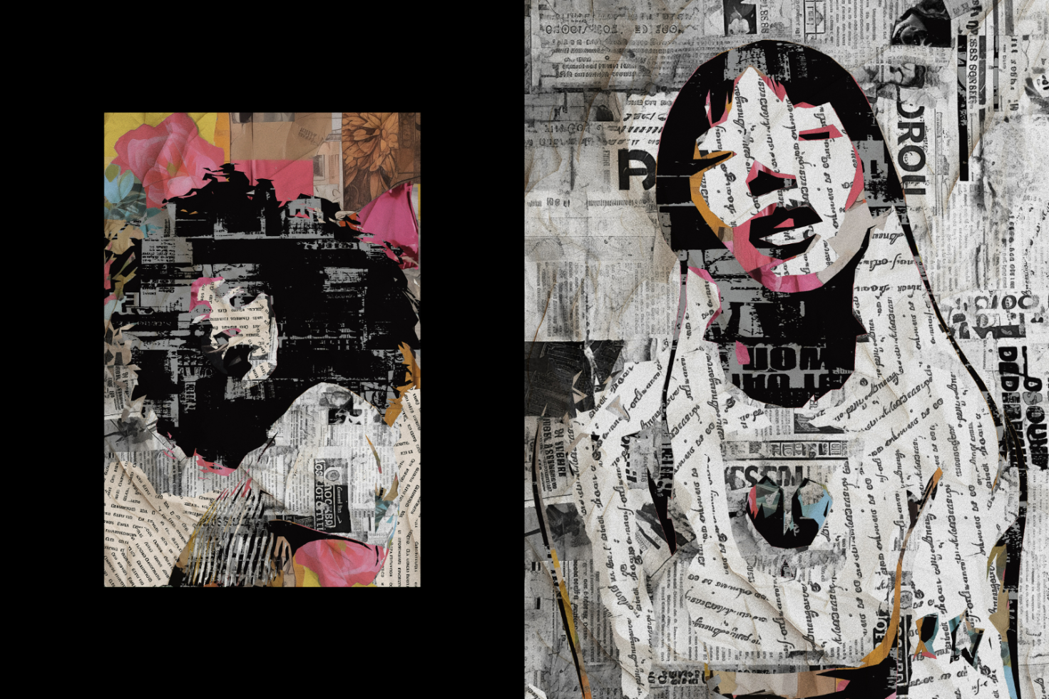 Abstract collage art of a man and a woman made from newspapers and paint. Suitable for Graphics, Templates, and Artistic Mockups. Perfect for designers.