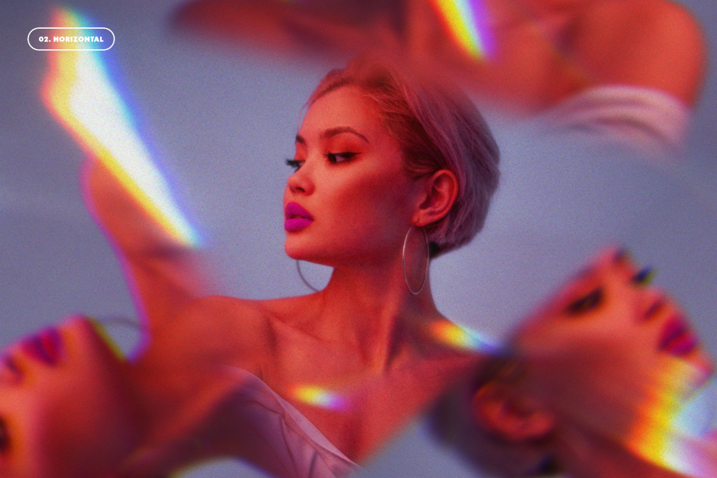 Creative photo effect mockup featuring a woman with pink lipstick and rainbow light refractions suitable for graphic design projects and artistic templates