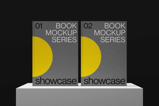 Book mockup series volume 01 and 02 on display. Gray covers with yellow semicircle and showcase text. Ideal for graphic designers. Mockups, Templates