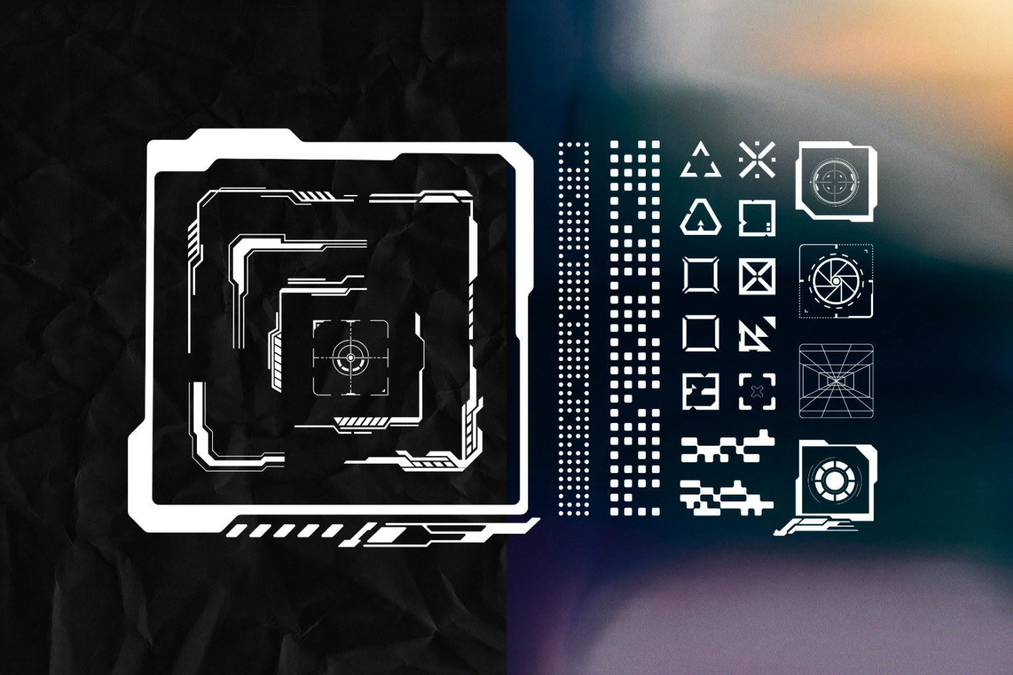 Futuristic digital interface elements including HUD graphics and geometric shapes perfect for UI mockups, templates, and design projects in high tech style