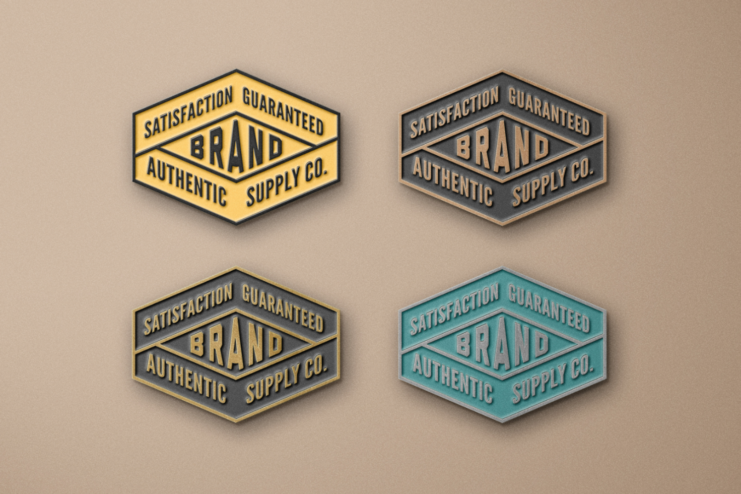 Four vintage hexagonal logo badges for Brand Authentic Supply Co in various colors and textures suitable for use in graphic design mockups and templates.