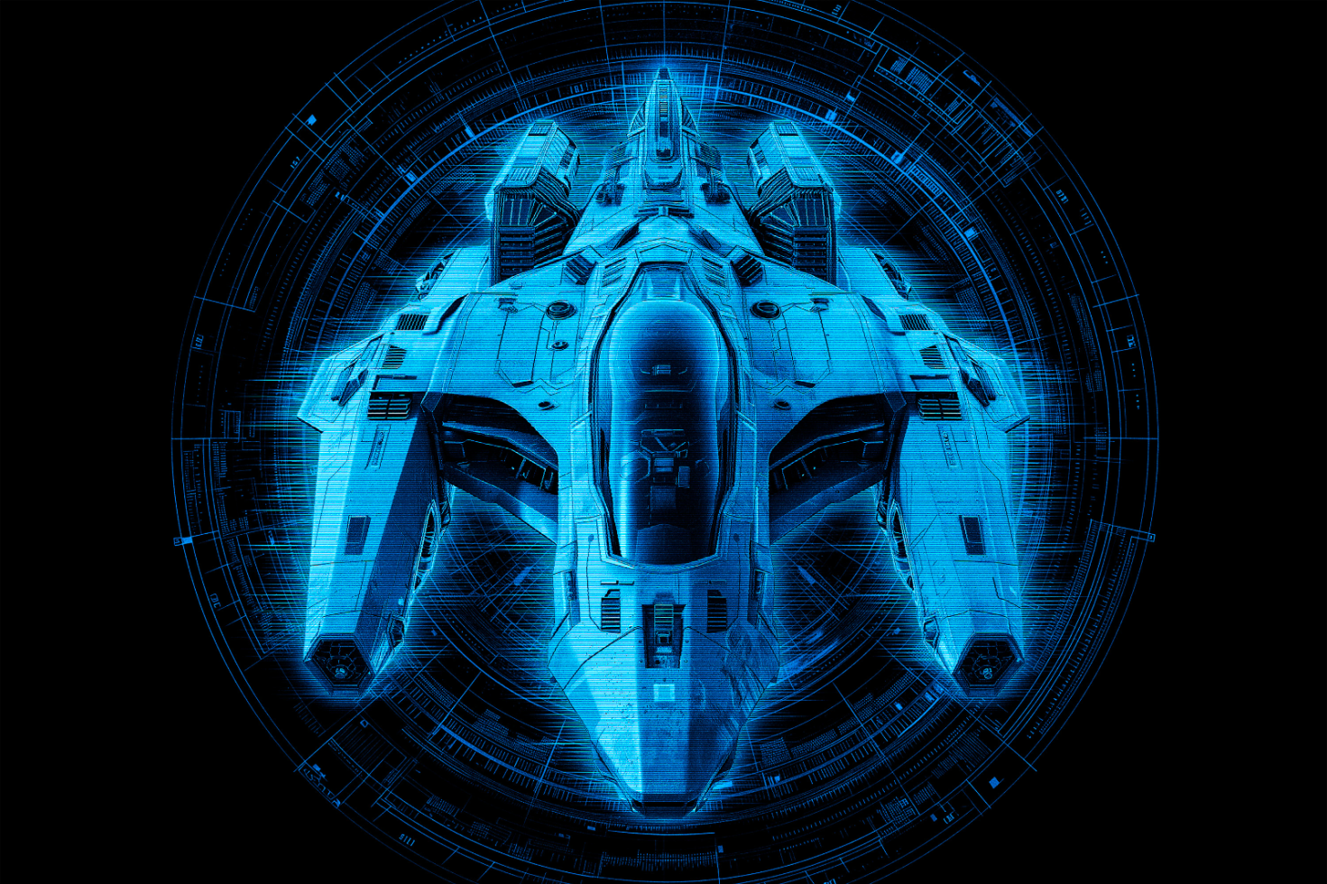 Futuristic spaceship blueprint digital design graphic. Perfect for sci-fi themed mockups, templates, and design projects. High resolution futuristic element.