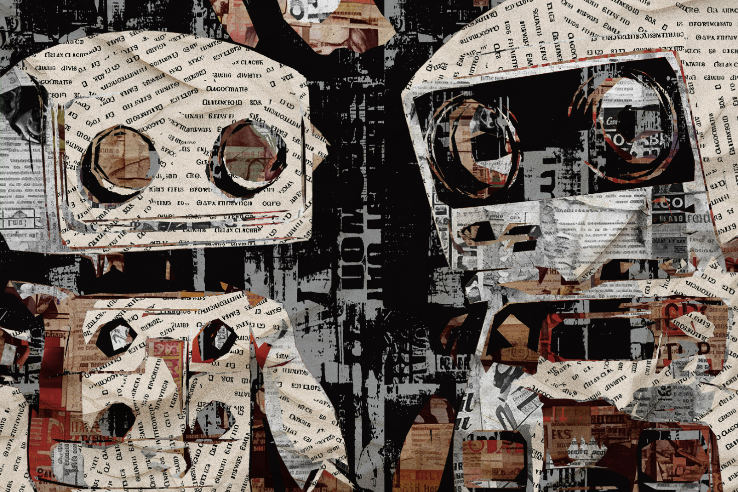 Robot collage art created from newspapers and clippings featuring two robots in grayscale and sepia tones, suitable for graphic design projects and digital assets.