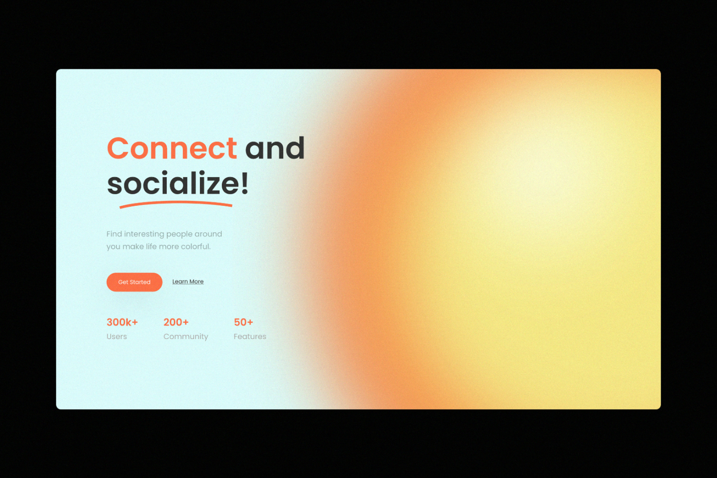 Social media website landing page template for designers. Mockup showcases connect and socialize message with call-to-action buttons on a gradient background.