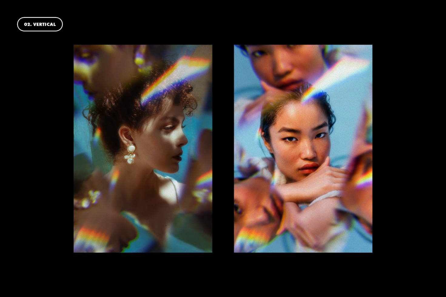 Vibrant digital art featuring two women with rainbow light reflections, perfect for designers seeking creative graphics and mockups for templates and projects.