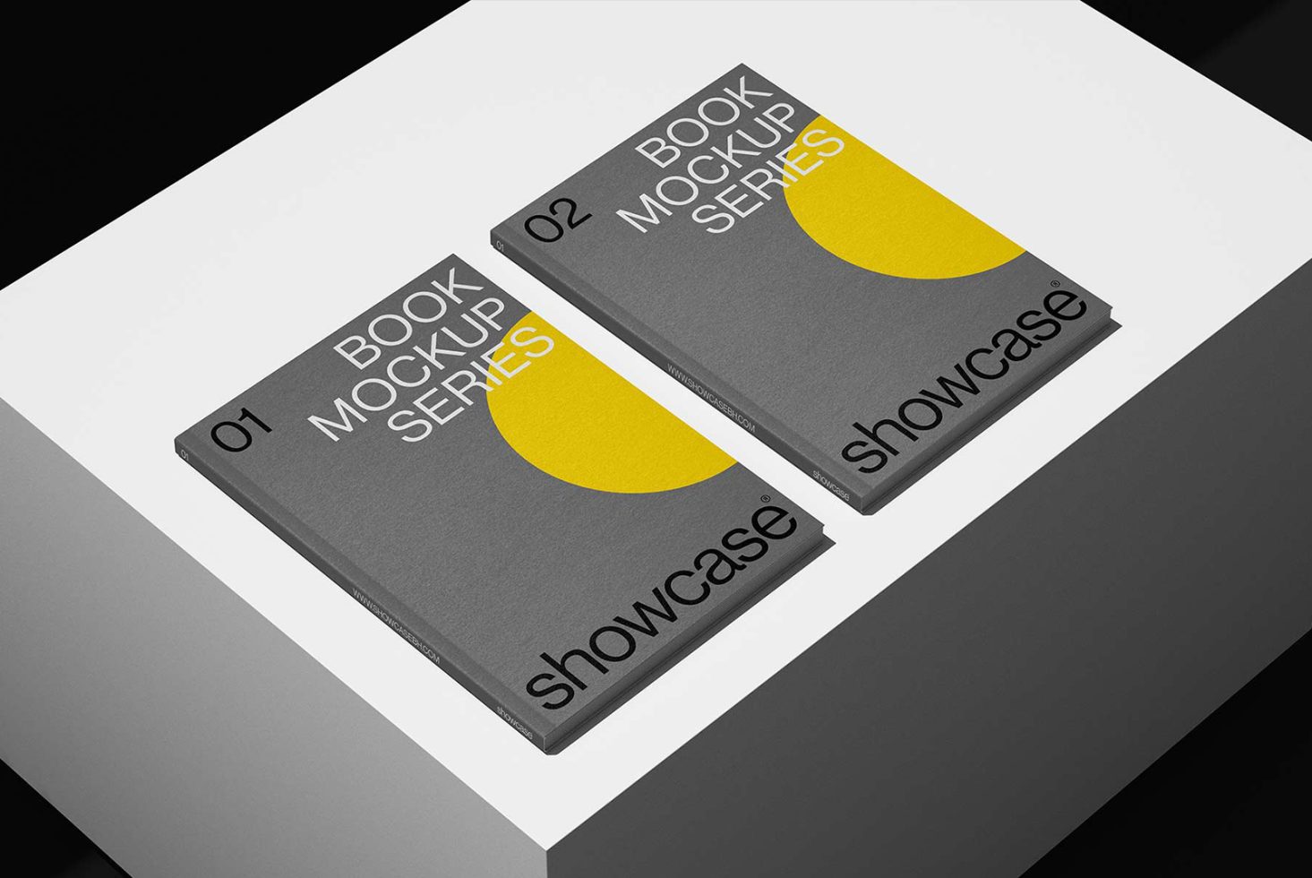 Book cover mockup series showcasing two gray hardcover books with yellow semicircle designs on a white and black surface. Keywords: book mockup, design, template, showcase.