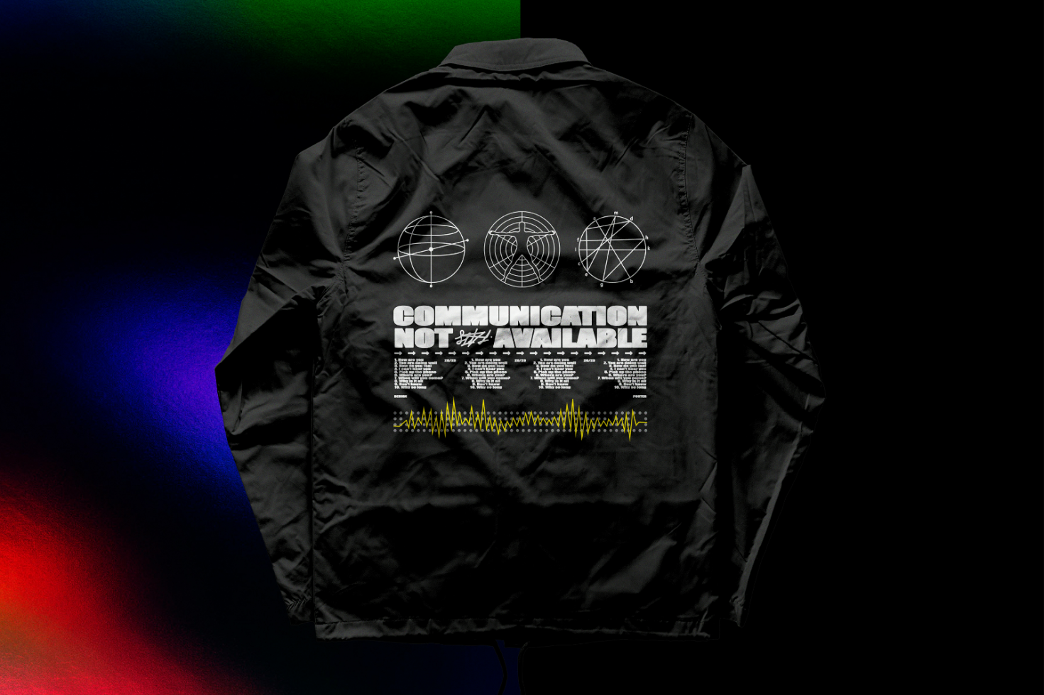 Black jacket with abstract geometric designs text Communication Not Available and wave patterns on the back designed for digital mockups and graphic templates for designers