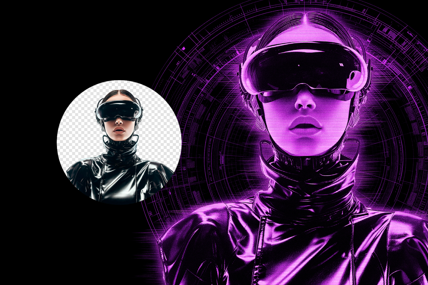 Futuristic cyberpunk graphic template featuring a woman in black latex with VR headset, abstract digital elements, perfect for sci-fi design projects.