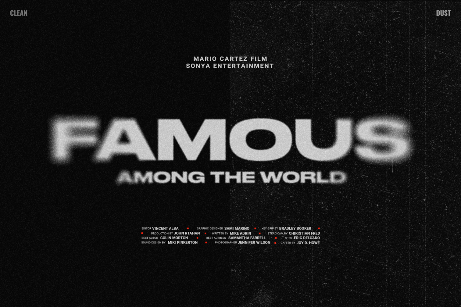 Movie poster design template for digital download blurs large Famous Among the World title in center meta details below black textured background keywords graphic design.