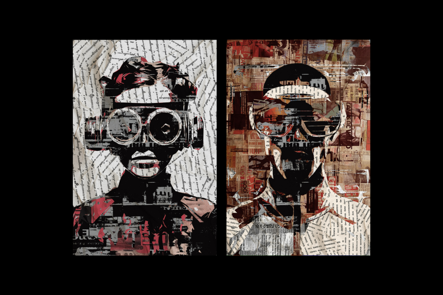 Collage art featuring two abstract human figures wearing goggles in newspaper text style. Perfect for graphic design templates and creative mockup projects.