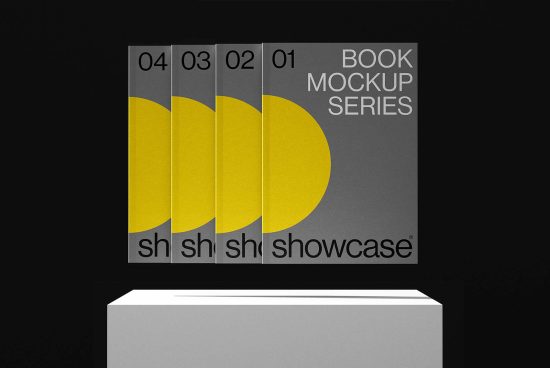 Book Mockup Series with minimalist yellow and gray design featuring four volumes numbered 01 to 04. Ideal for designers showcasing book design concepts.