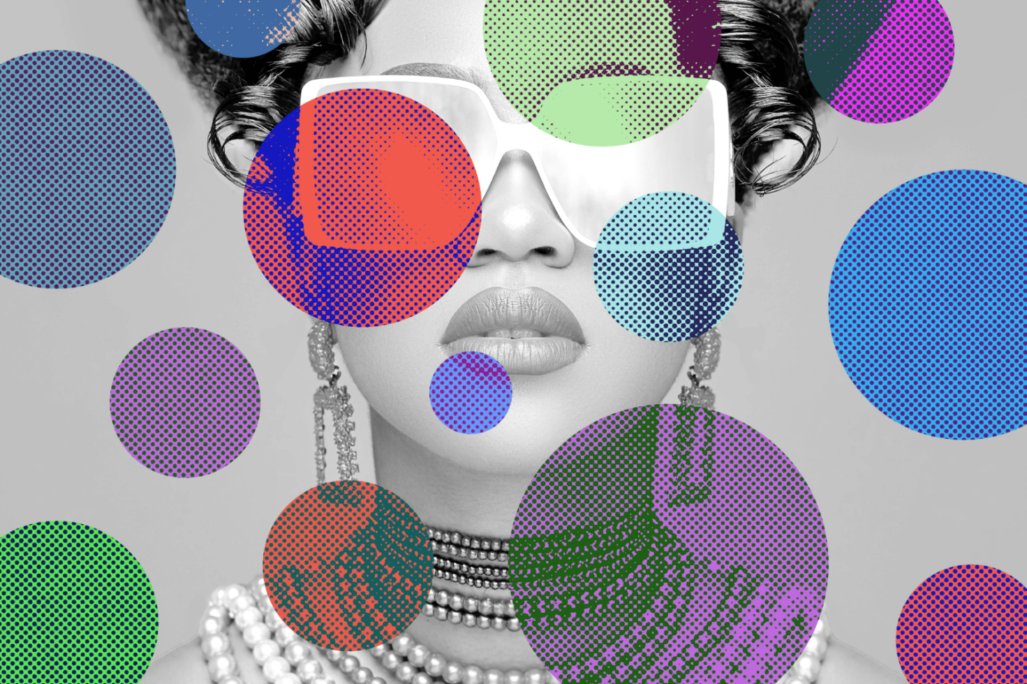 Abstract portrait with vibrant halftone circles overlay, featuring a monochrome woman wearing sunglasses and pearl necklace. Suitable for graphic design projects