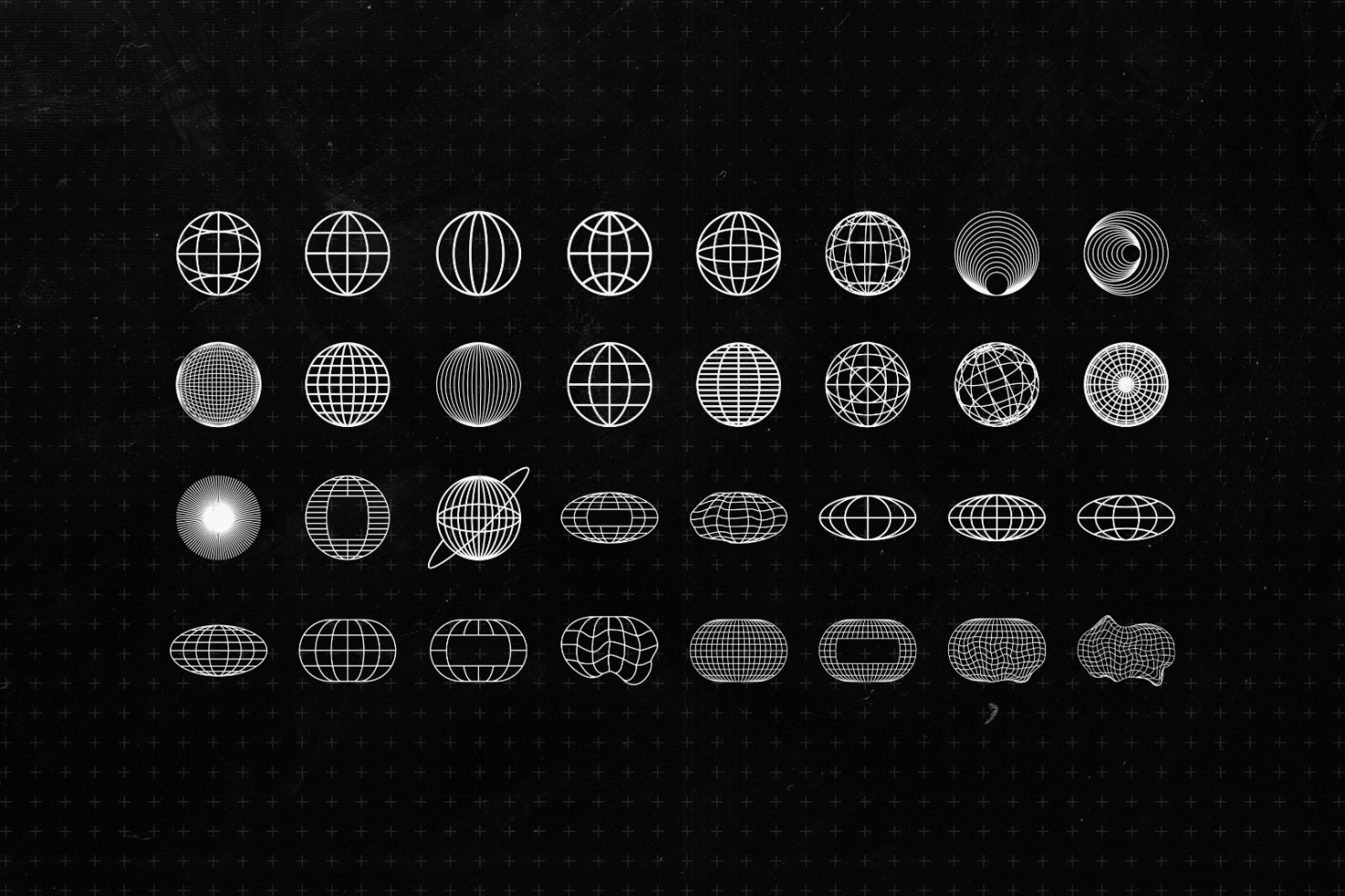 Set of 36 vector globe icons grids spirals white lines digital assets collection for designers. Ideal for mockups graphics templates and presentations.