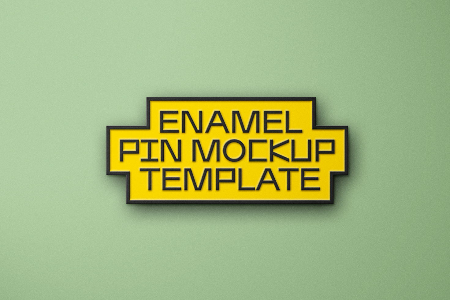 Enamel pin mockup template in yellow and black on a pastel green background, ideal for designers creating digital assets, mockups, and graphic templates.