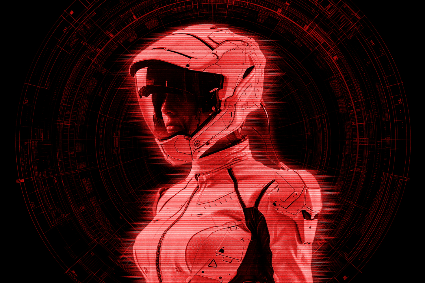 Futuristic digital art depicting a sci-fi astronaut in red neon helmet and suit with a background of intricate technical diagrams. Perfect for graphics and templates.