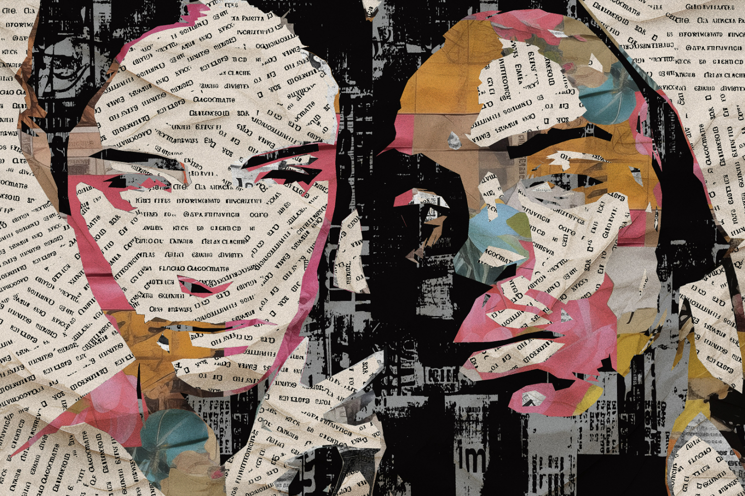 Abstract digital collage template with newspaper clippings emphasizing human faces, colorful layers, and grunge texture. Perfect for graphic design projects.