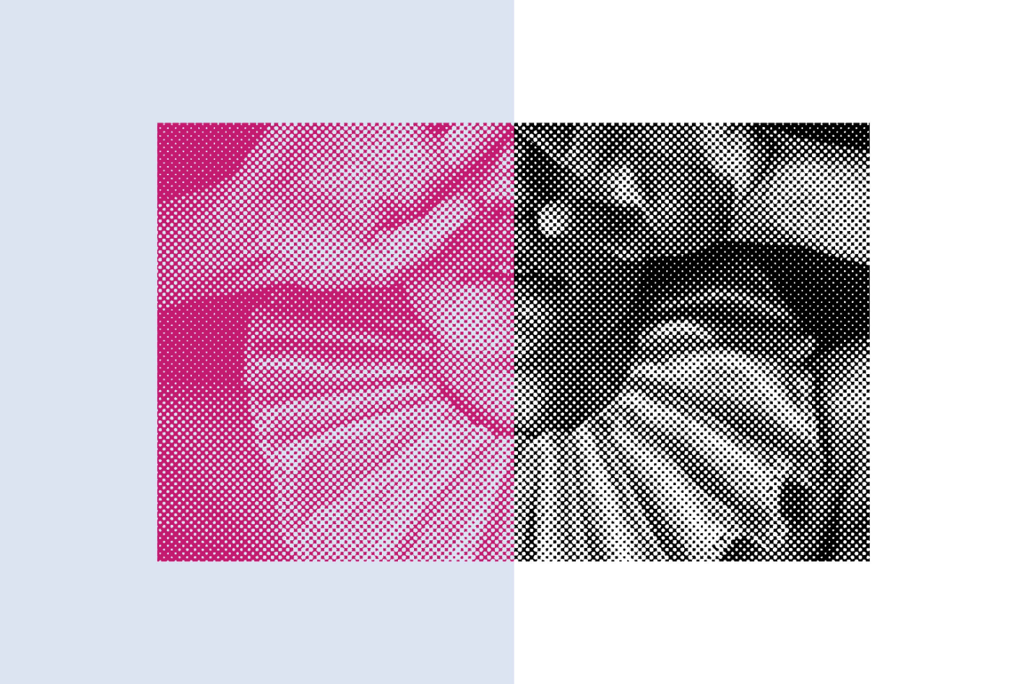 Halftone effect graphic template showing a person divided in pink and black and white. Ideal for designers needing modern pop art textures and abstract backgrounds.