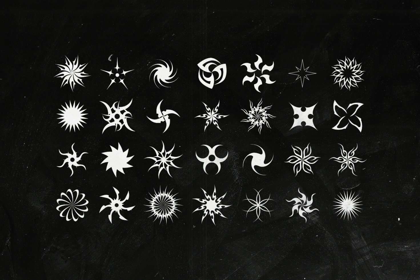 Set of 25 black and white star-themed graphic elements, ideal for design projects, digital assets, logos, and illustrations. Perfect for designers.